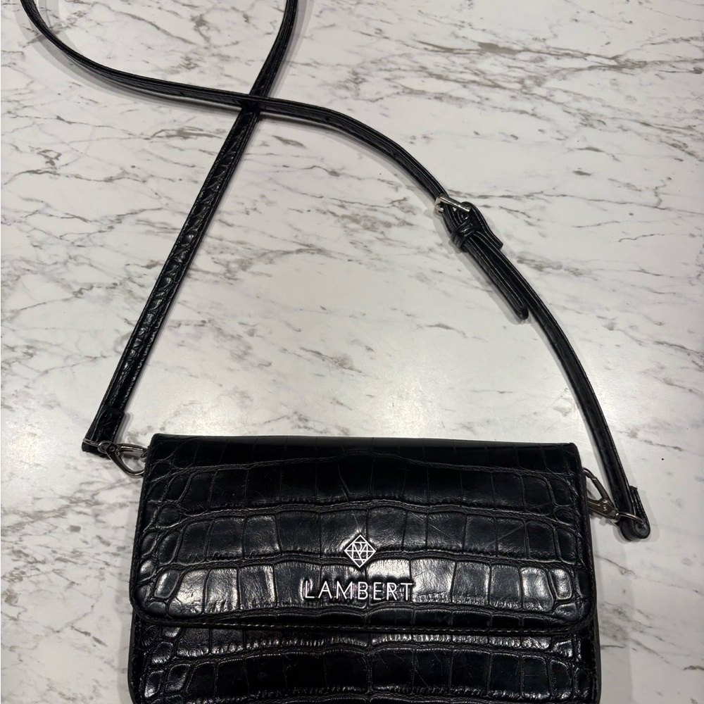 Black Croc-Embossed Crossbody Bag with Adjustable Strap